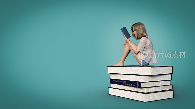 3 d演示。女人坐在一堆书上看书。三维渲染
